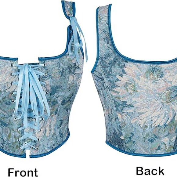 Renaissance Corset Top Sleeveless Drawstring Bustier Tank Top Blue Medium - Picture 3 of 4